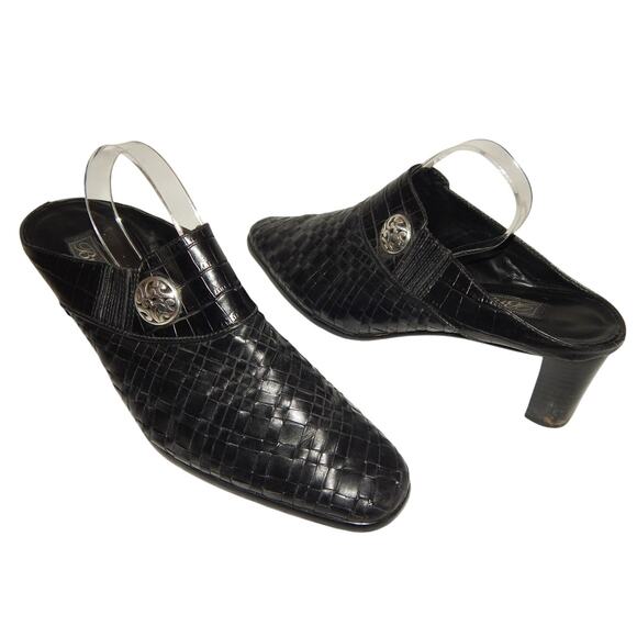BRIGHTON  Tryst Women's Black Leather Slip-On Woven Slide Heel Mules Size US 9M - Picture 1 of 10
